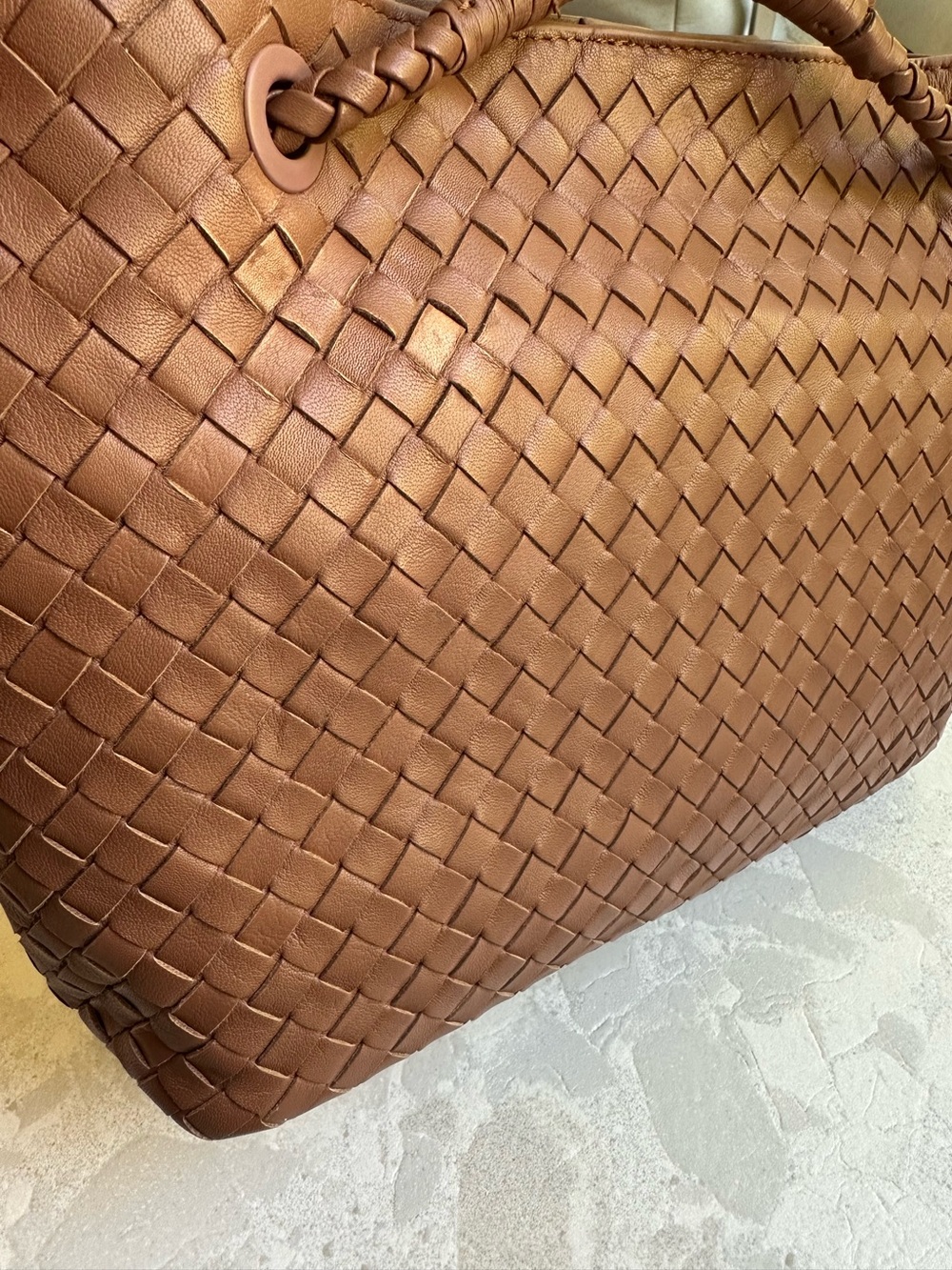 Quince Italian Leather Handwoven Large Satchel Cognac Color - Picture 13 of 14